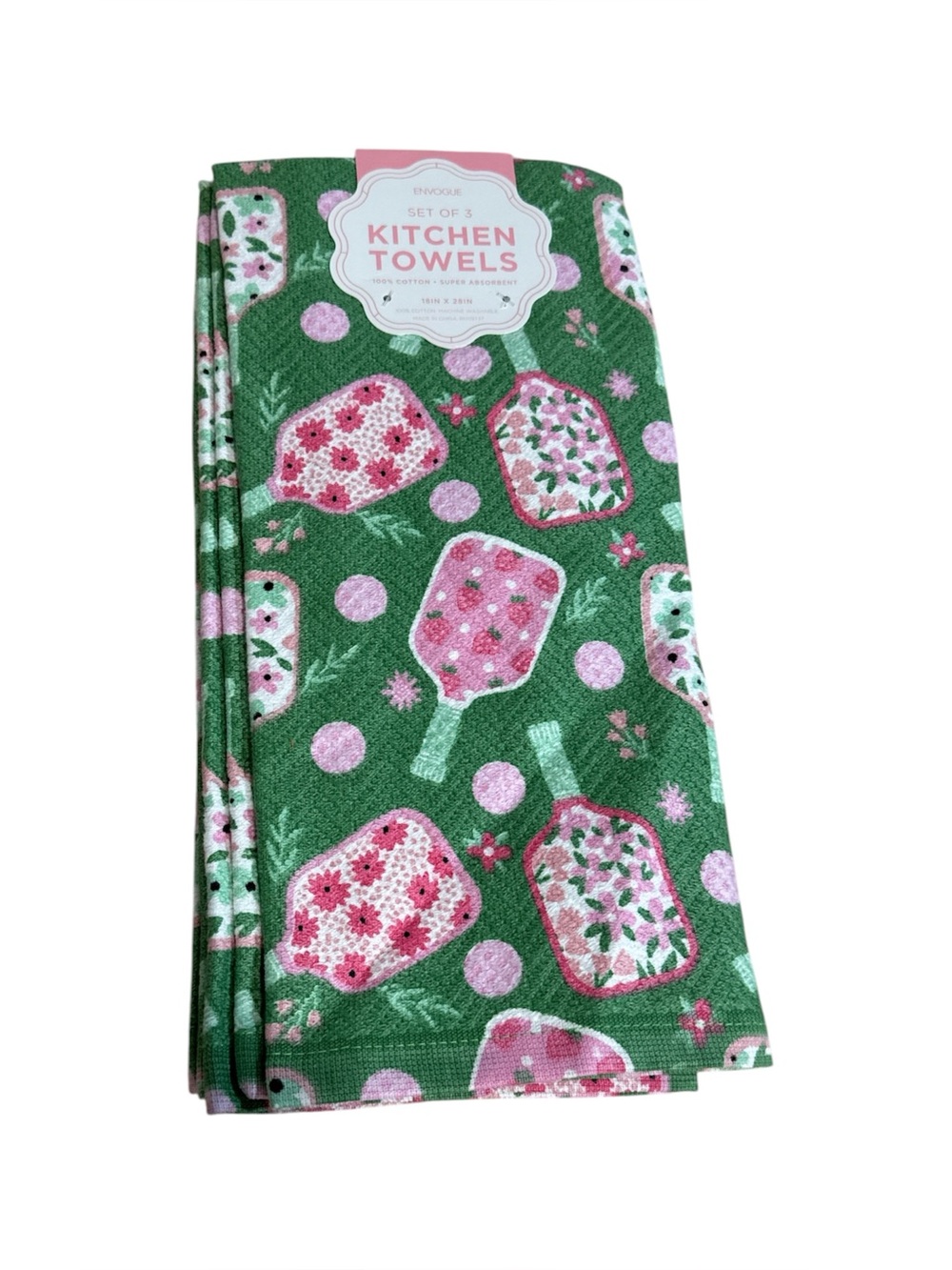 Envogue Green Kitchen Towels with Pink Floral Cutting Board Print - Set of 3